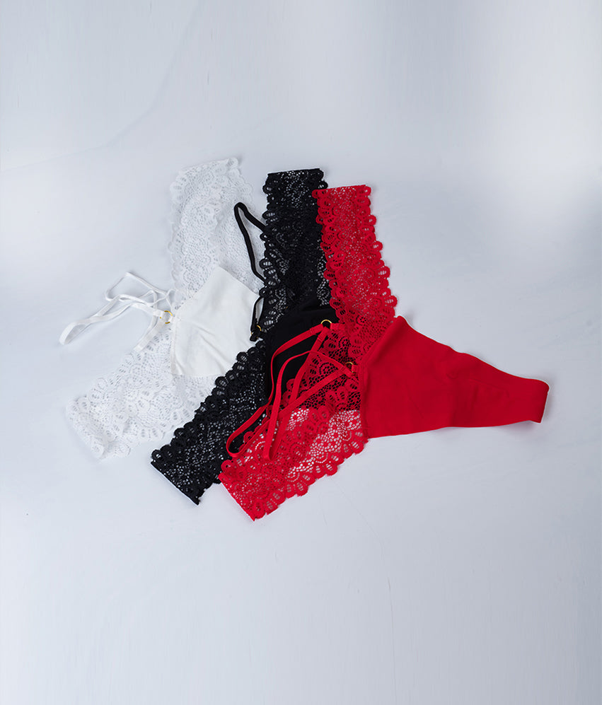 Lot de 3 strings en dentelle à doubles bretelles sans coutures