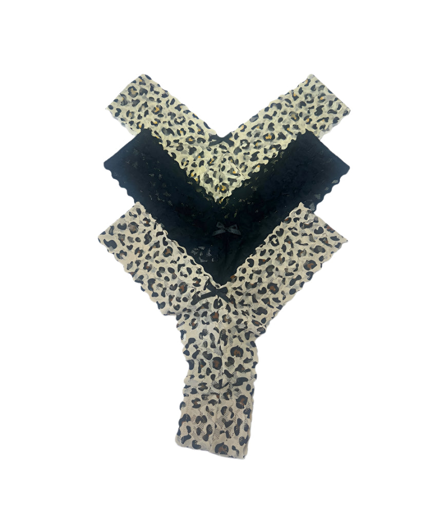 Stylish Lace Leopard Thong 3 Packs