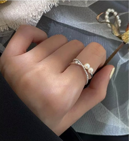 925 Silver Double Layer Twist Rope White Pearl Adjustable Ring for Women Girls