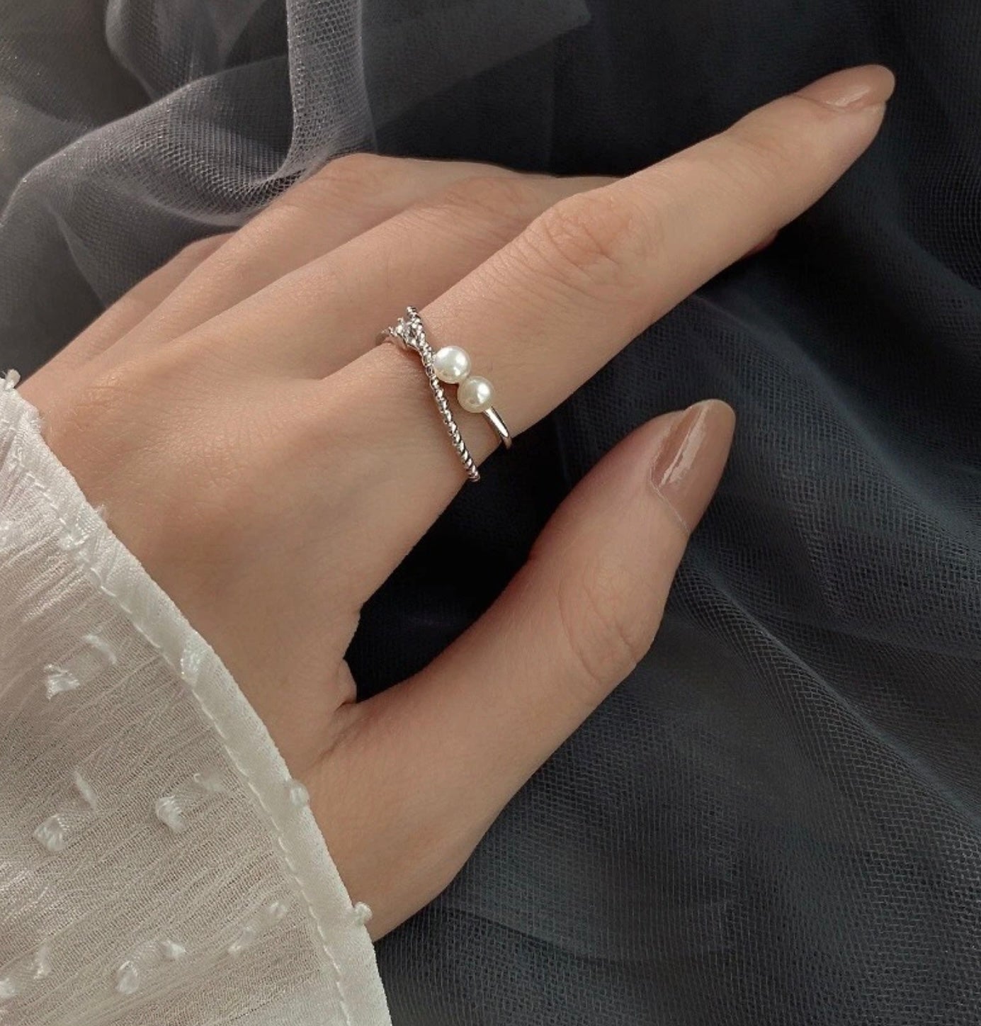 925 Silver Double Layer Twist Rope White Pearl Adjustable Ring for Women Girls