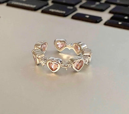 Pink Diamond Heart Zircon Love Ring Adjustable Light Luxury Niche Design for women