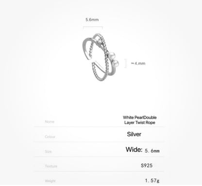 925 Silver Double Layer Twist Rope White Pearl Adjustable Ring for Women Girls