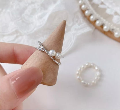 925 Silver Double Layer Twist Rope White Pearl Adjustable Ring for Women Girls
