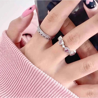 Pink Diamond Heart Zircon Love Ring Adjustable Light Luxury Niche Design for women