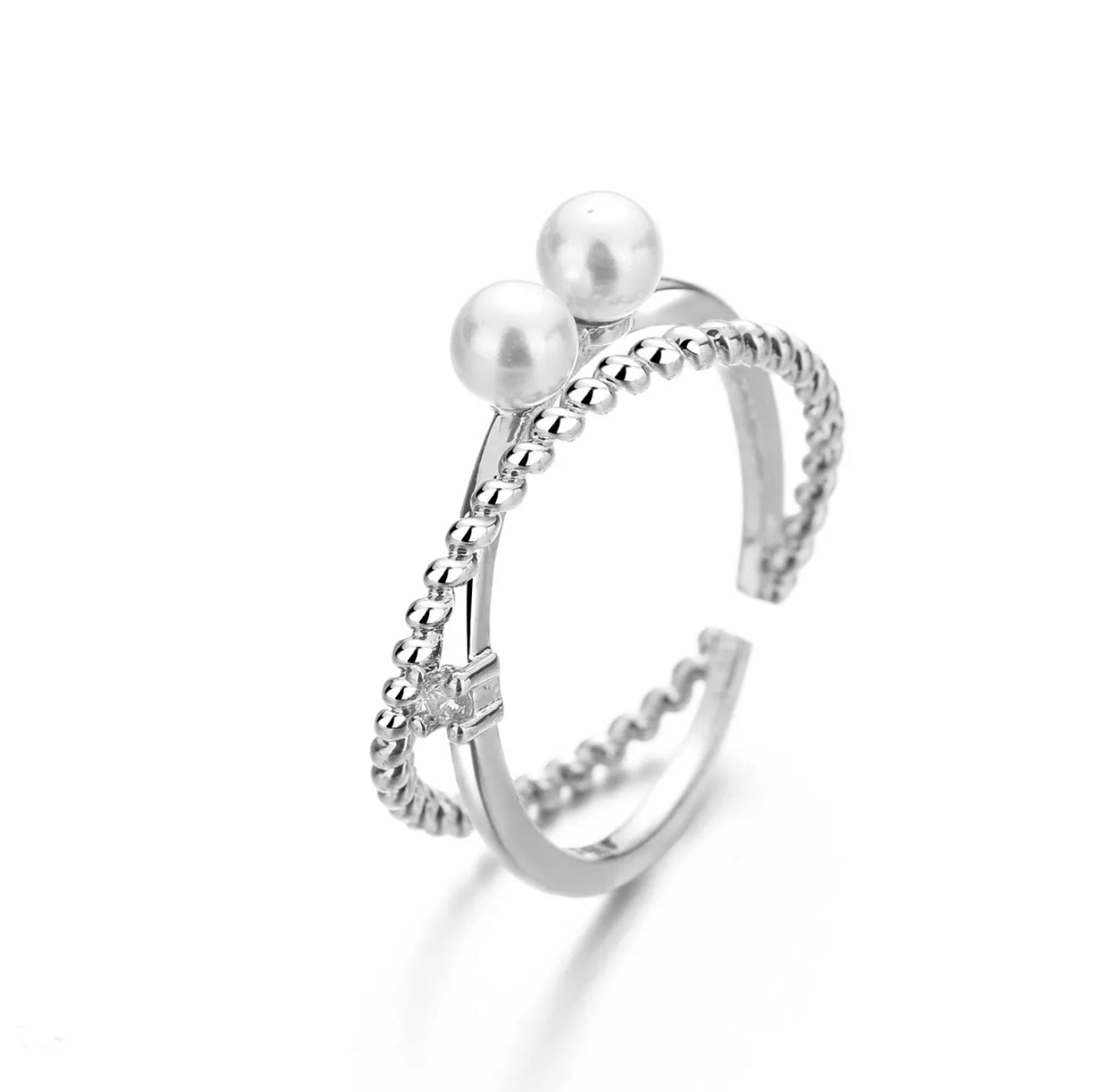 925 Silver Double Layer Twist Rope White Pearl Adjustable Ring for Women Girls