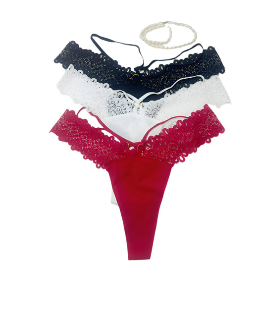 Lot de 3 strings en dentelle à doubles bretelles sans coutures